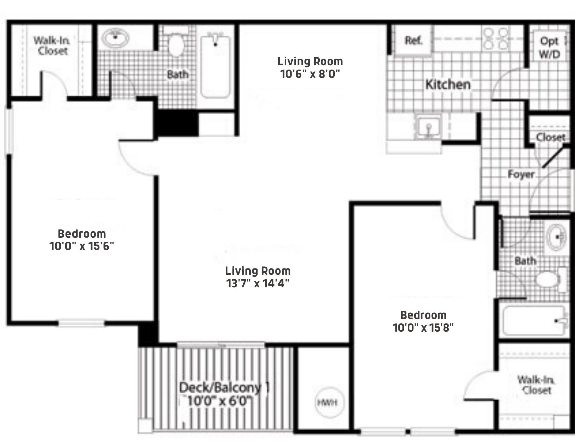 Floor plan for 2 beds, 2 baths, 1010 sqft